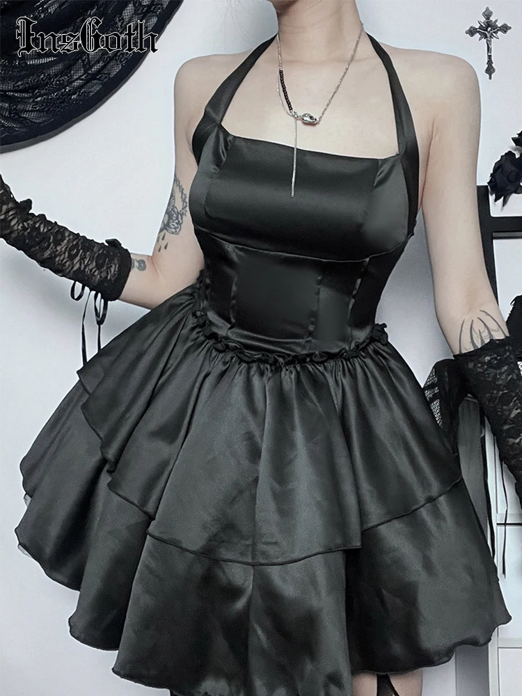 

InsGoth Goth Backless Halter Mini Dresses Women Sleeveless Slim Black Pleated Dress Harajuku Nightclub Party E Girl Outfits 2023