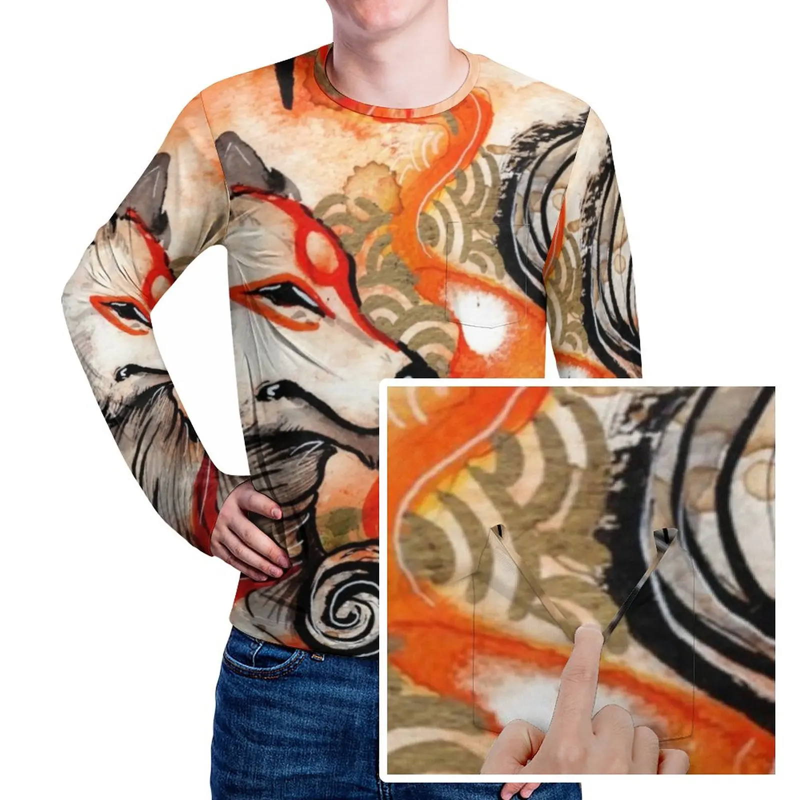 

Wolf Print T Shirt Male Okami Amaterasu Fun T-Shirts Autumn Novelty Tees Long Sleeve Design Oversized Tops