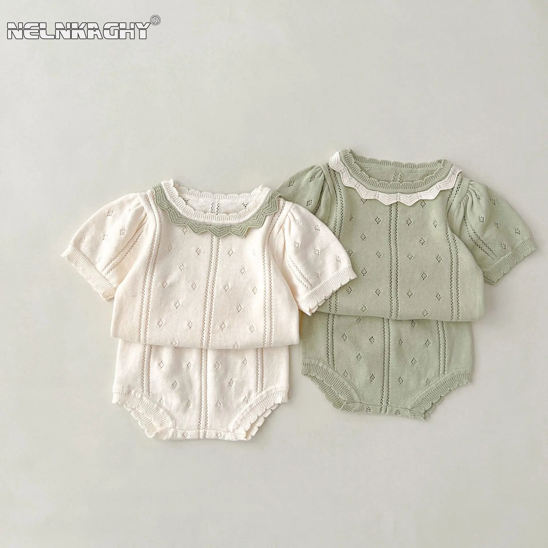 2023 Newborn Baby Girls Summer Short Sleeve Patch Hollow Out Knitting Top Tees T-shirts+bottoms Shorts Infant Kids Clothing Set