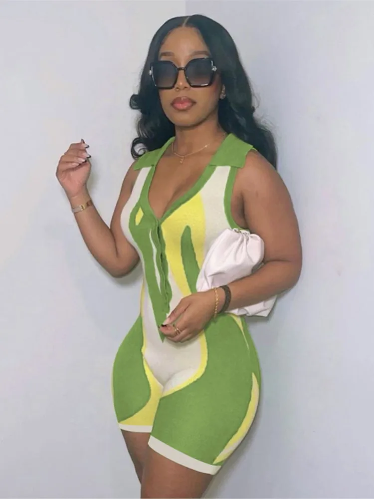 

2022 Sexy Knitted Playsuits Women Casual Fashion V Neck Sleeveless Turn Down Collar Button Outfits Bodycon Rompers
