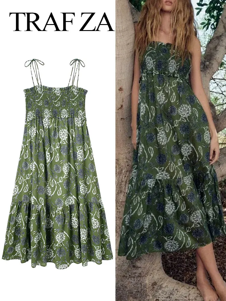 

TRAFZA Women Green Print Corset Dress Vintage Backless Pleated Ruffle Slip Dresses Summer Beach Female Casual Midi Dress