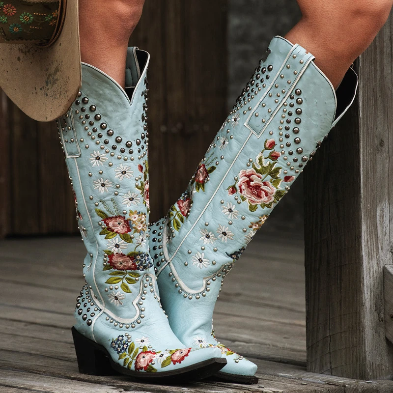 

Women Rider Tall Boots Knee High Multicolor PU Pointed Toe Retro Floral Embroidered Rivets Fashion Street Outdoor Western Boots