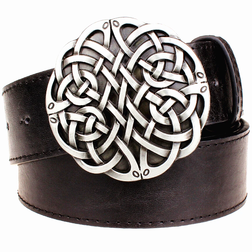 

Fashion Leather Belt Celtic Knot Series Metal Buckle Geometric Weave Pattern Men Simple Casual Belts Trend Women Jeans Belt