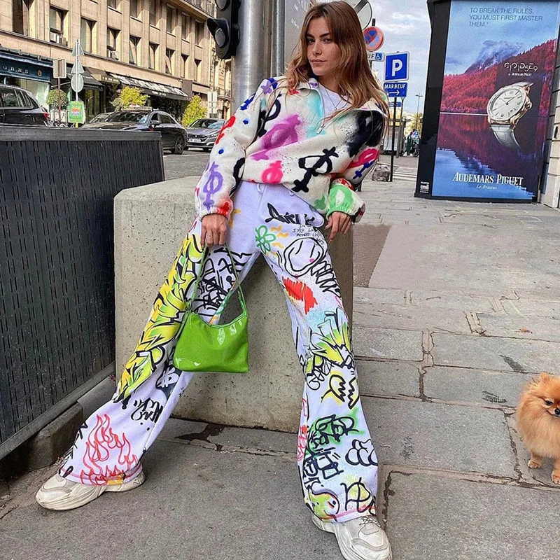 

Graffiti Printed Straight Pants 2022 Summer Street Trendsetter Casual Pants Women Hip Hop Loose Y2k Women's Streetwear Pants