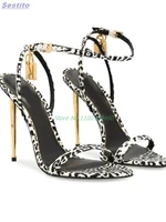 black white leopard printed satin padlock sandals pointed toe metal stiletto high heel ankle buckle sexy concise european style