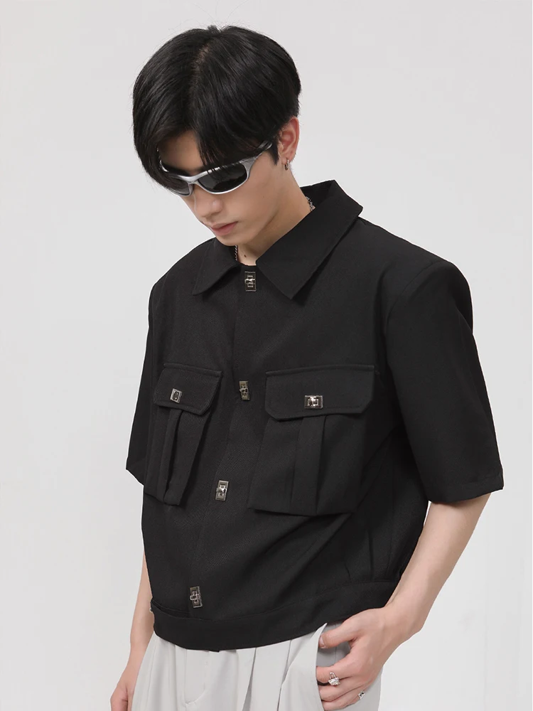 

Men's Wear 2022 Summer New Korean Loose Solid Color Metal Decorative Coat 2022 New Fashion Pocket Turn-down Collar Techwear