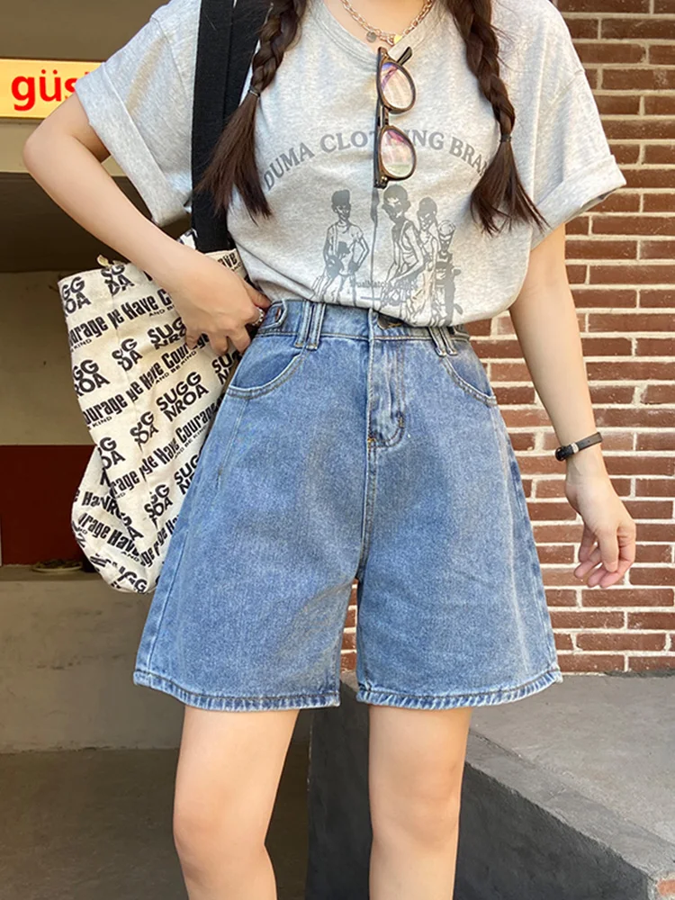 New Spring Summer Women High Waist Button Blue Denim Shorts Streetwear Female Wide Leg Retro Jeans Shorts Bottoms