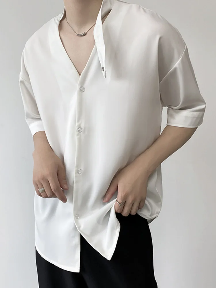 

SYUHGFA 2022 Summer Stand Collar Short Sleeve Solid Color White Shirt For Men Loose Casual Style Shirt Tops Men Clothing