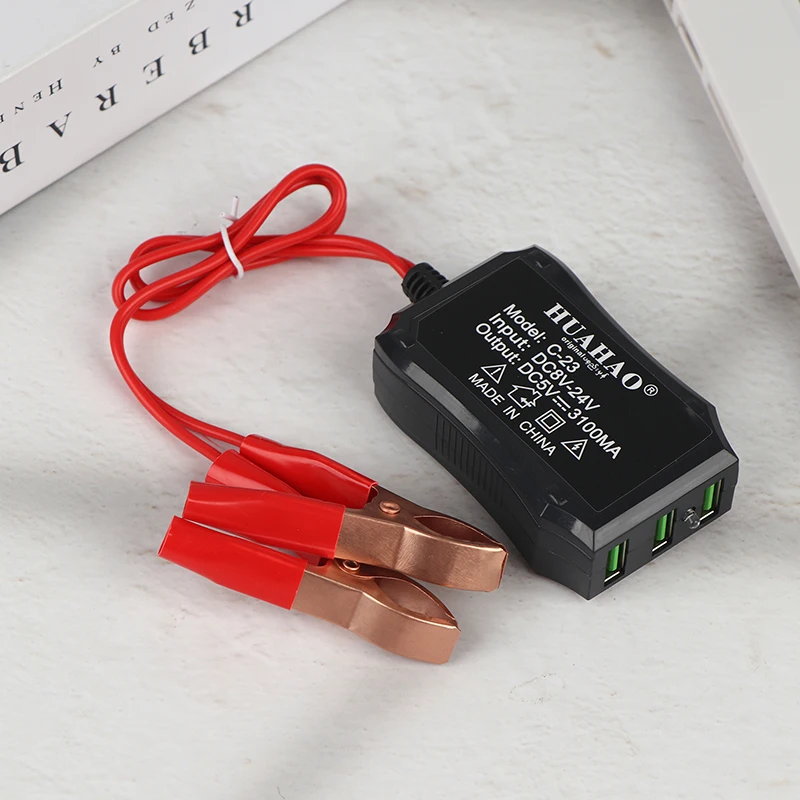 Фото 1/2 шт. USB-адаптер-бустер 12В/24В в 5В с 3 портами USB и зажимом для аккумулятора для высокоэффективной зарядки телефона