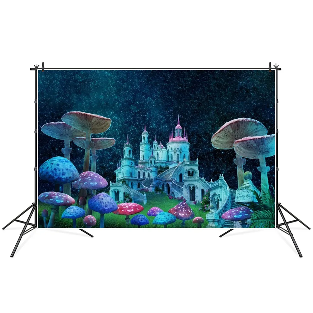 

Фон для фотосъемки с изображением замка грибов зеленой лужайки звездного неба страны чудес украшение для вечеринки