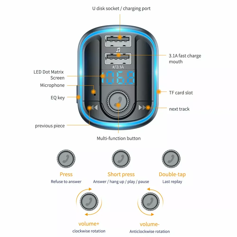 Автомобильный беспроводной Bluetooth FM-передатчик радиоадаптер mp3-плеер 2 порта USB
