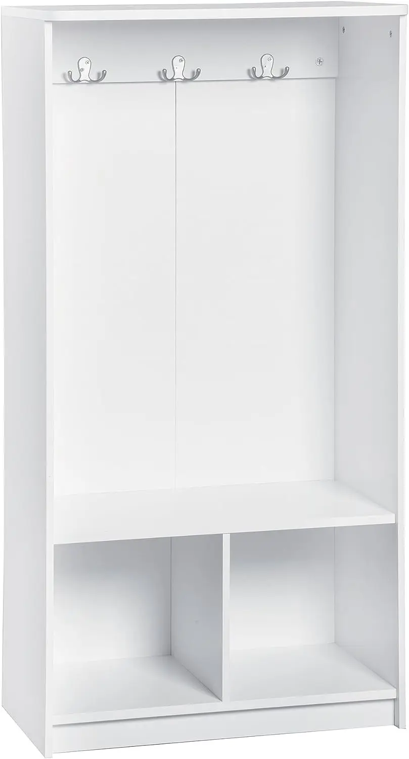 

Wood Locker, 2 Cubby Cube Compartments, Open Storage, 3 Hooks, for Coats, Backpacks, Jackets, White Finish, 49-Inch