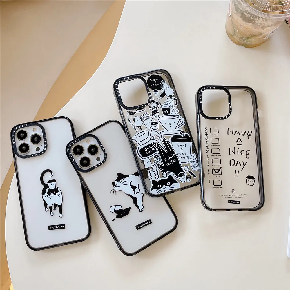 

Black Trouble Cat Acrylic Phone Case For iPhone 11 12 13 14 14Pro Max 14 Plus Break Cup Pattern Shockproof Silicone Bumper Cover