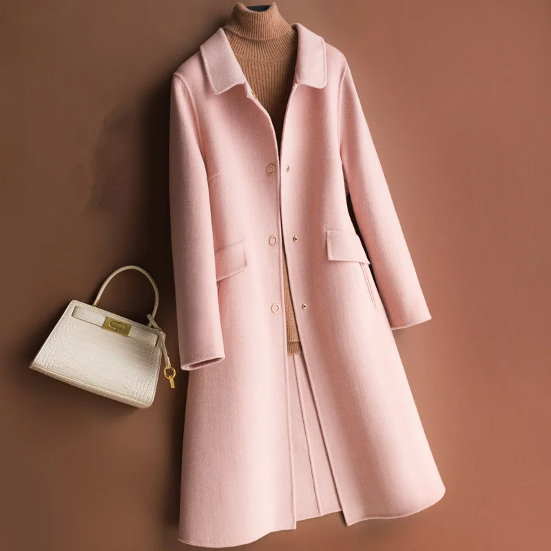 

Winter Autumn Slim Double-Sided Cashmere Coat Women Pink Red Beige Overcoat Big Pocket Long Sleeve Wool Jacket Female