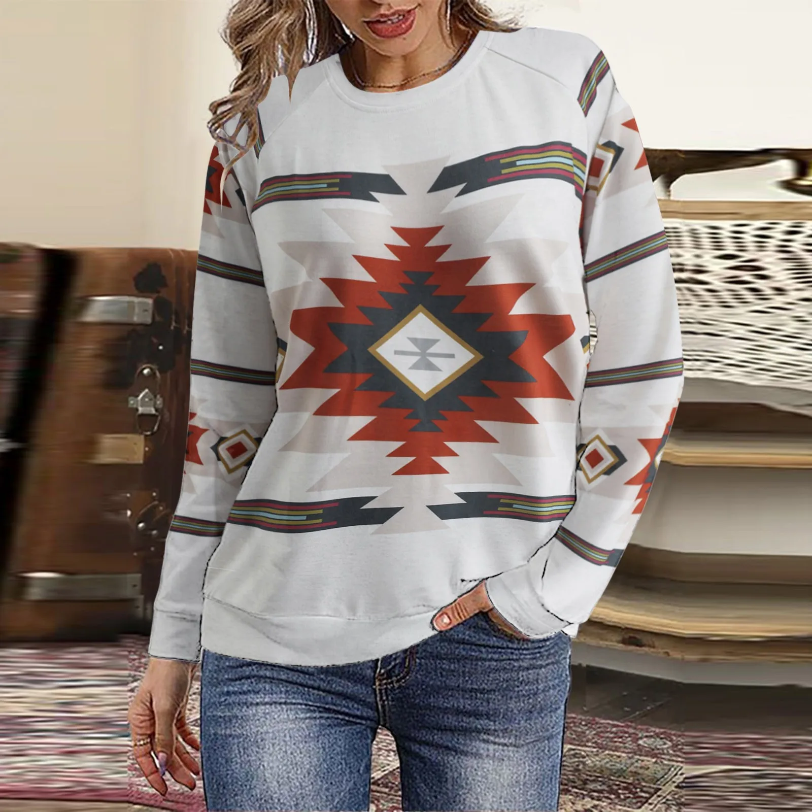 

Womens Casual Long Sleeve Crew Neck Flower Printed Hoodless Pullover Thin Sweatshirt Top Blouse Hoodie with No Hood Color Top