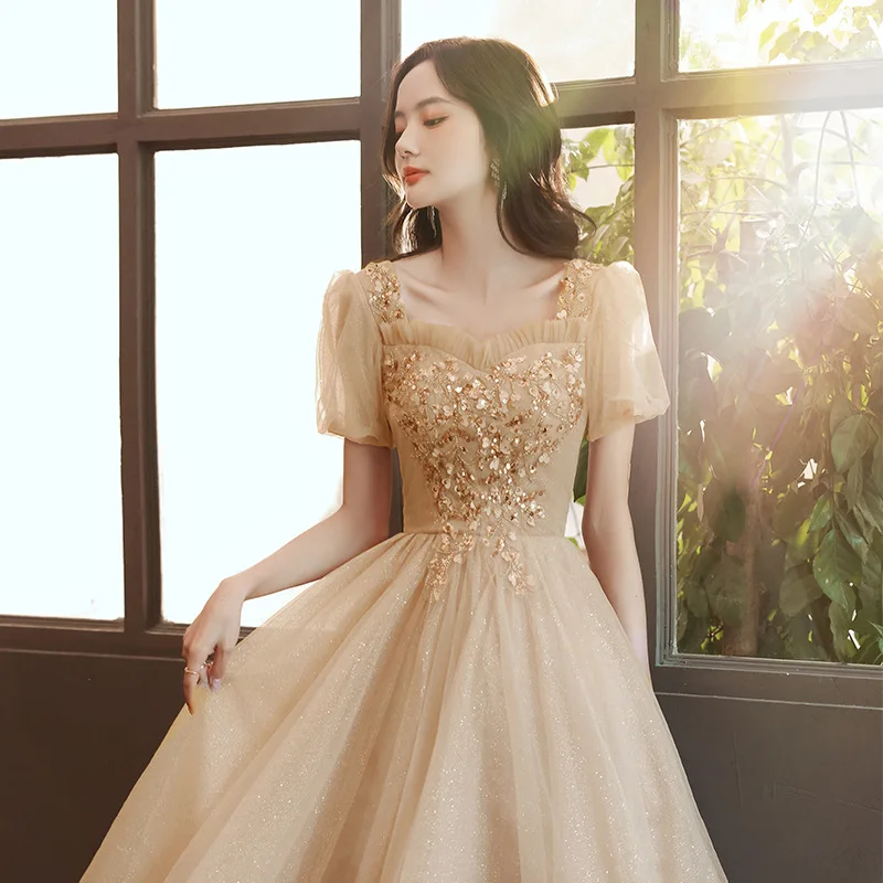 

Champagne Evening Dress Women's Banquet Temperament Art Examination Vocal Music Annual Meeting Celebrity Host Long Slim Dress