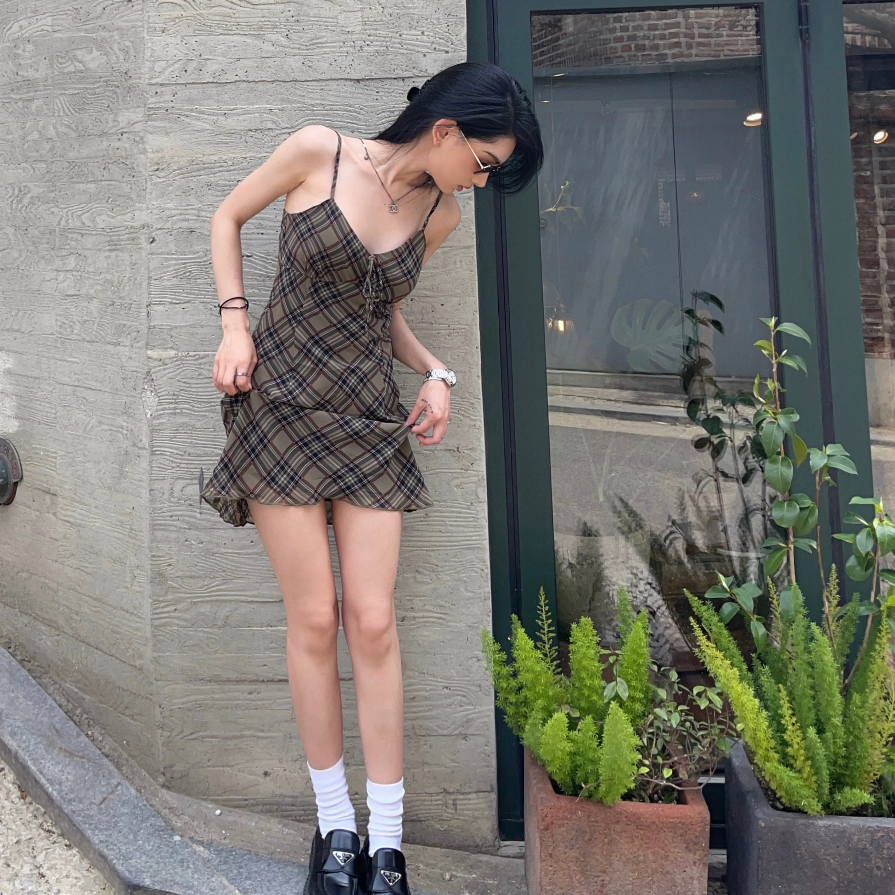 

IC exclusive custom Vintage CD store ~ Brown checked diagonal slim cut waist strap dress summer