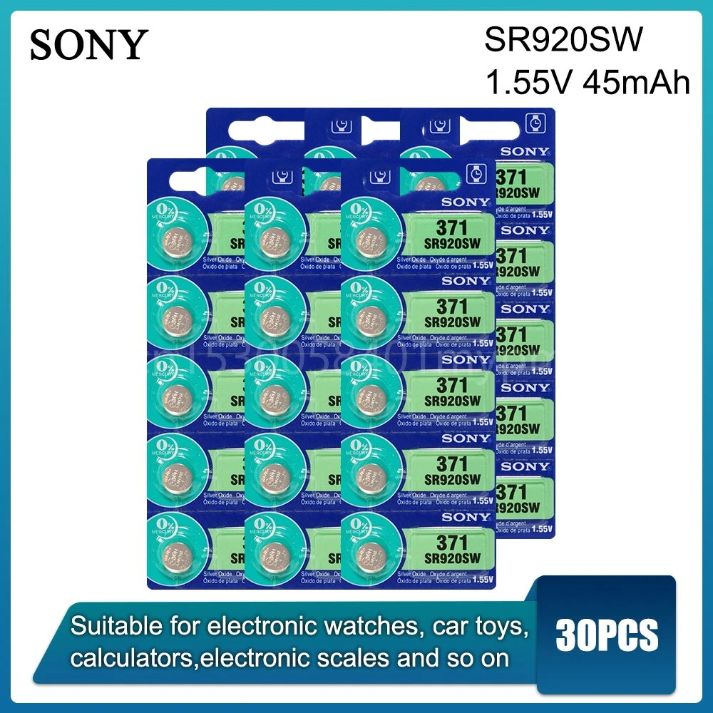 

2022 Новинка 30 шт. Sony 100% оригинальный 370 AG6 371 SR920SW 920 1,55 в аккумулятор для часов SR920SW 371 кнопочные батарейки