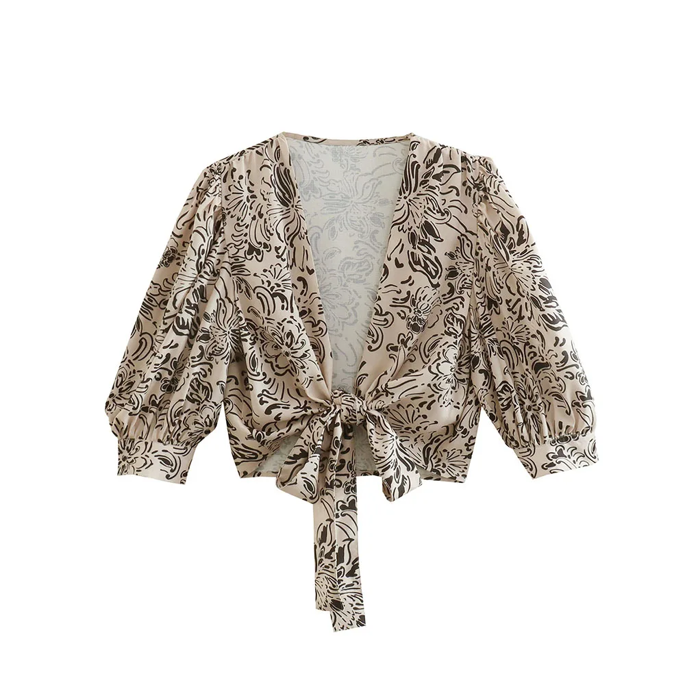 

Women's blouse2022 summer new fashion all-match bow print shirt casual pleated V-neck long-sleeved top chic shirt women