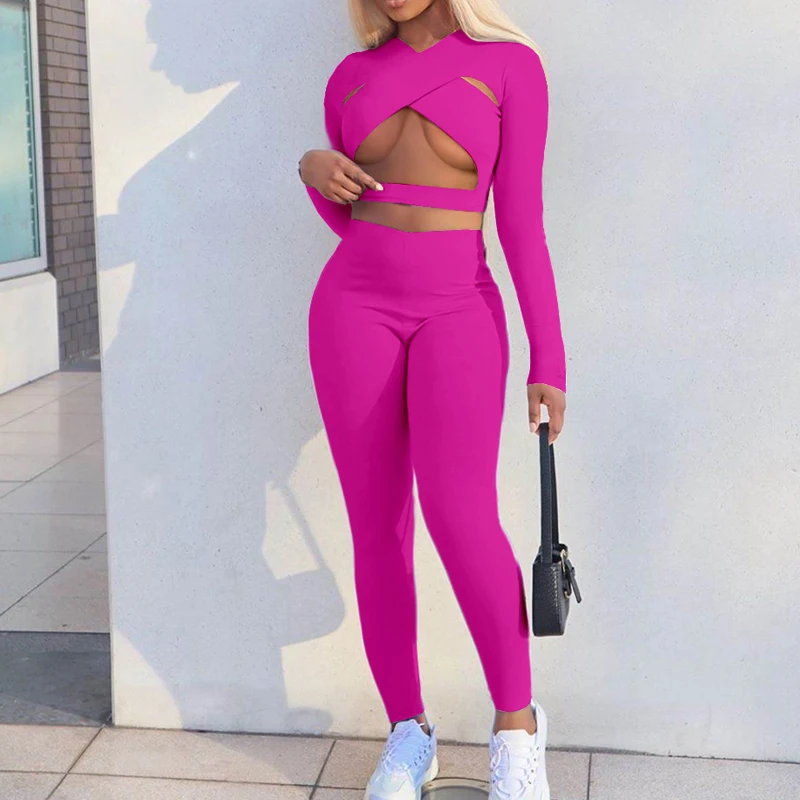 

Active Solid Cleavage Two Piece Sets Women Skinny Criss-Cross Top+Stretch Pant Matching Set Outfits Sexy Party Clothing G3102