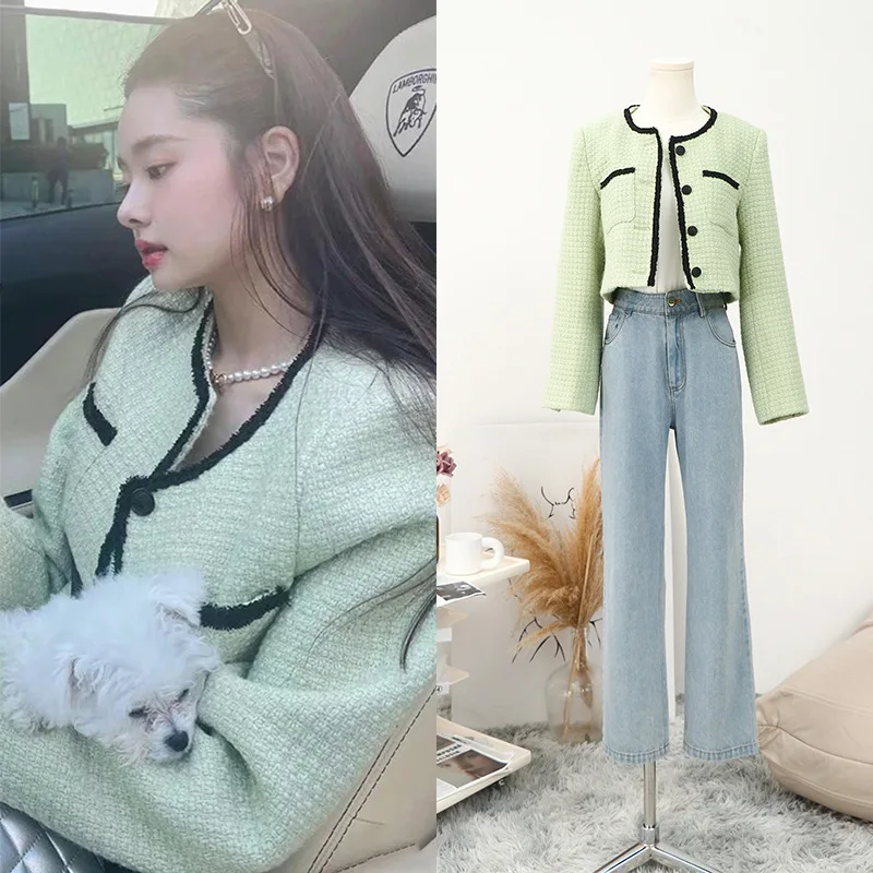 

[Spot] Song Zhiya with the same color wool blend small fragrant wind coat autumn and winter design sense of small blouse woman