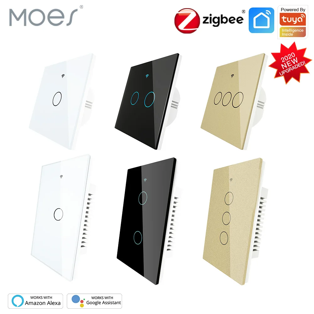 Tuya ZigBee Wall Touch Smart Light Switch With Neutral/No Neutral,No Capacitor Smart Life/Tuya Works with Alexa,Google 2/3 Way