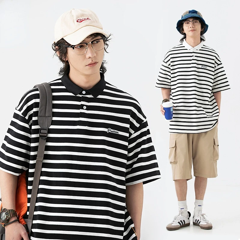 

Hanlu Blue Label Series Textured Striped polo Short-sleeved T-shirt Men Summer New Retro T-shirt