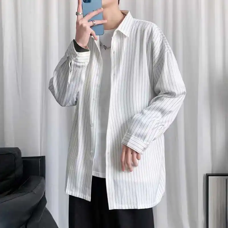 

Striped shirt jacket men's thin summer tide brand casual clothes short-sleeved trend men's long-sleeved black shirt