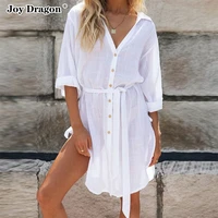 mini dress solid color summer women clothes fashion new 2022 midi sleeve button polo neck loose slim fit dresses casual daily