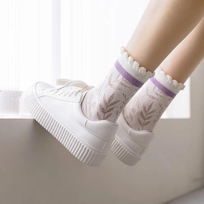 

Women's Summer Thin Tube Socks Simple Purple Mesh Breathable Cartoon Little Flower Women's Pile of Striped Socks