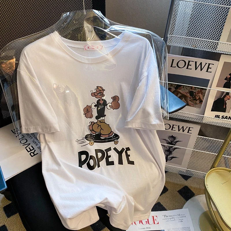 

Disney 100% Cotton Harajuku Tops Oversized Women T Shirts Popeye Printed T Shirt Unisex Summer Short Sleeve Tshirt Loose Tees