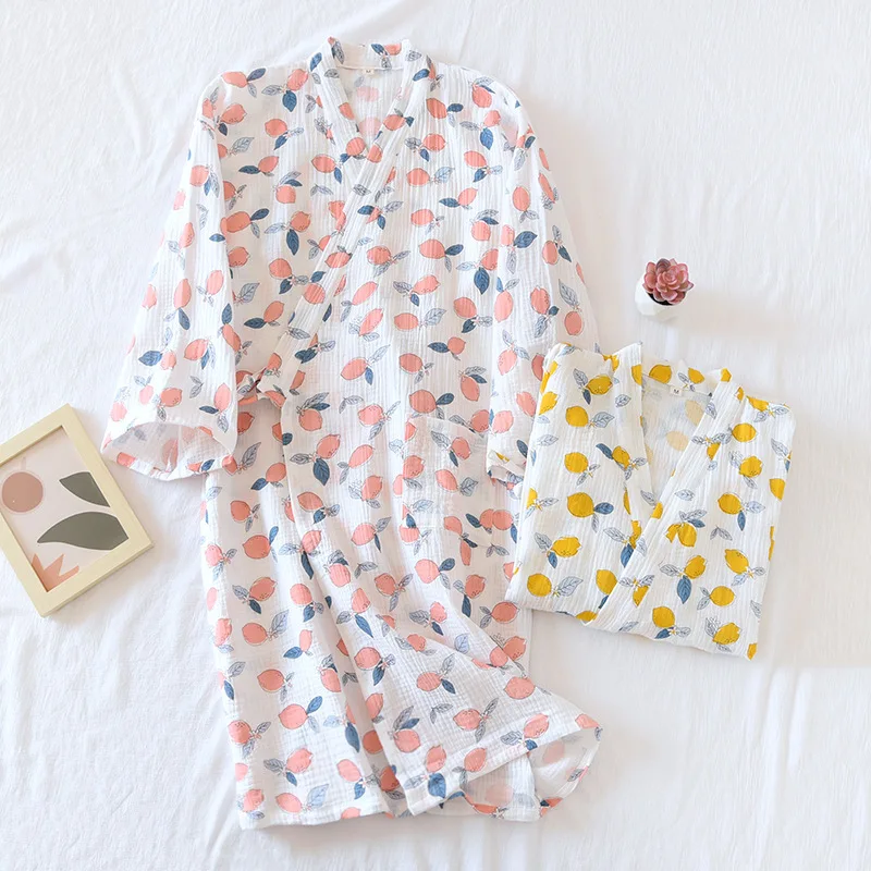 Crepe Printed  Kimono Robes Diagonal Lace Up V-neck Loose Comfortable Nightgown Three Quarter Mango Bathrobe Long Night Gown