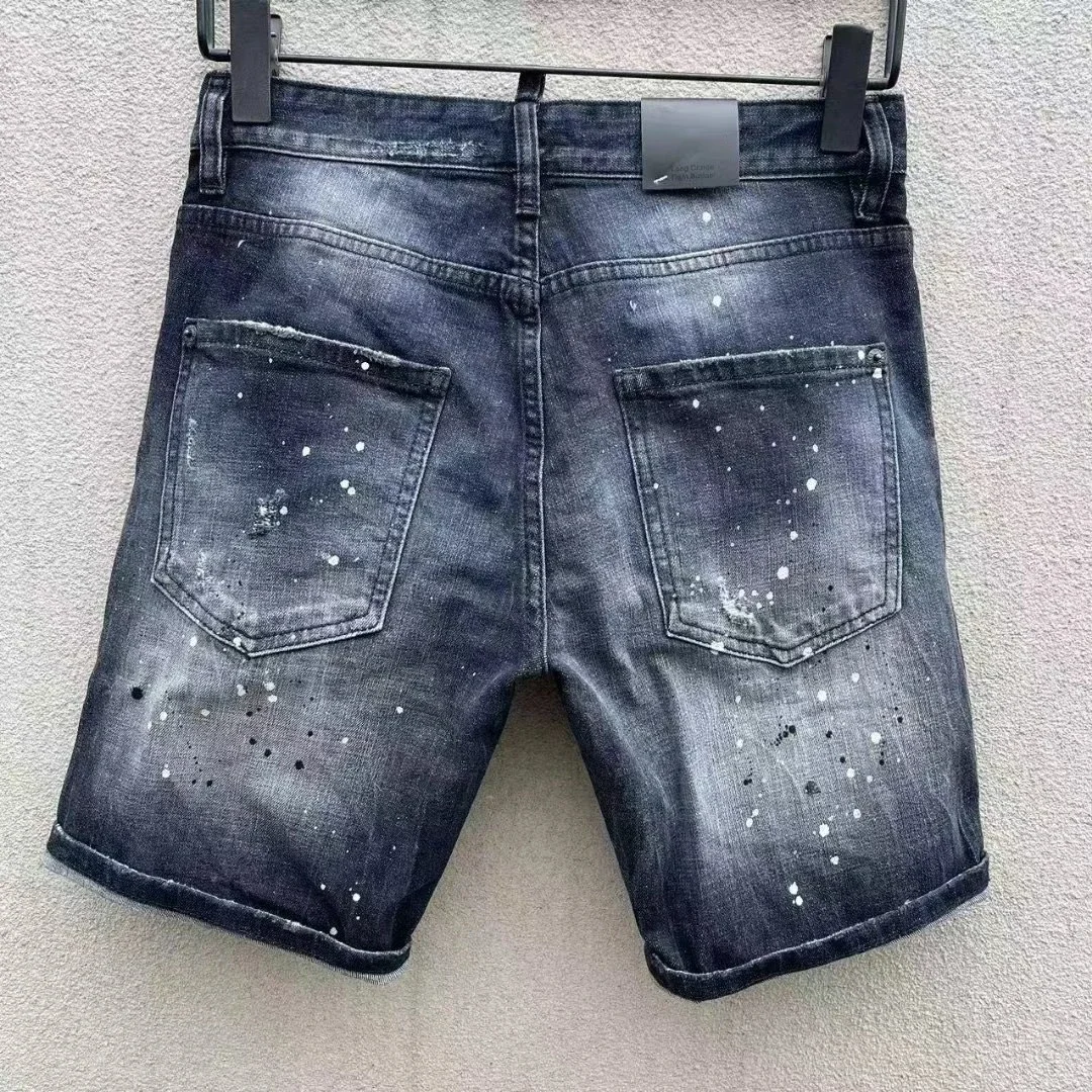 Мужские рваные джинсовые шорты с брызгами в обтяжку