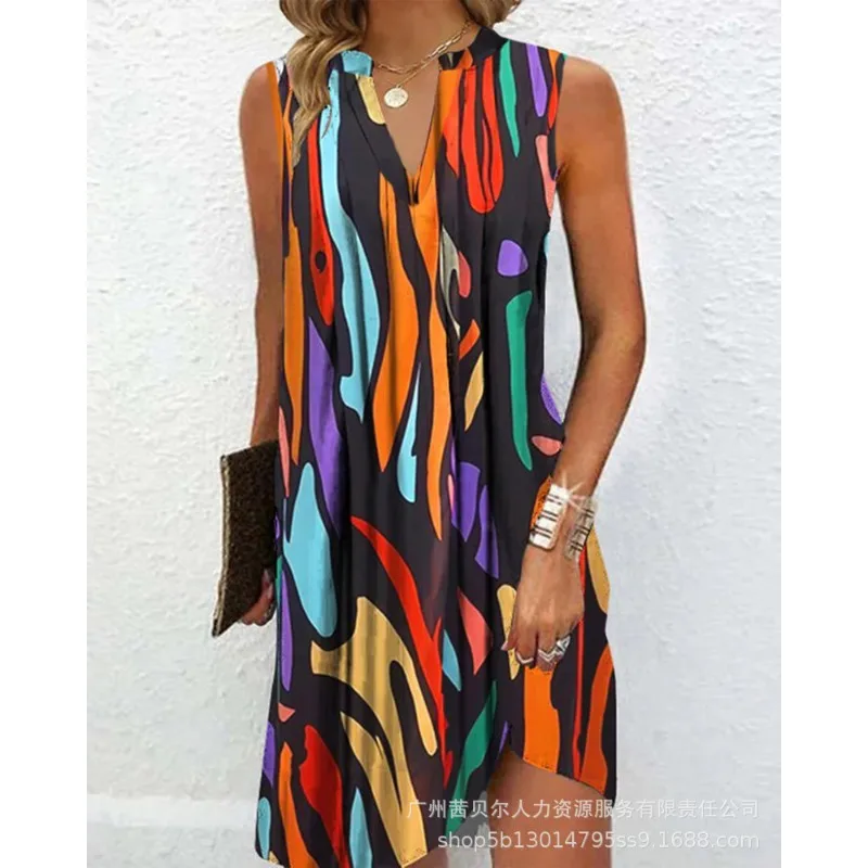 

Женское модное однотонное свободное платье с принтом, Новинка лета 2023, женское сексуальное платье-пуловер без рукавов с V-образным вырезом, мини-платье