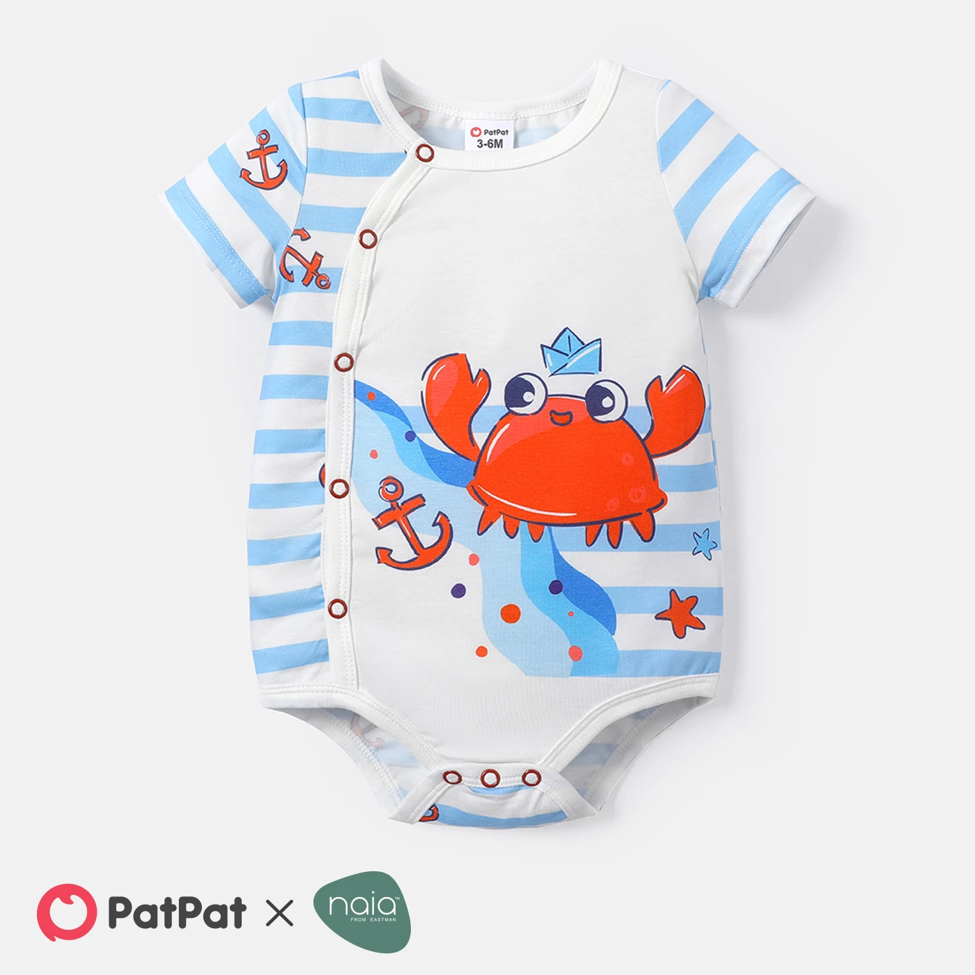 

PatPat Baby Boy Crab Print Blue Striped Short-sleeve Romper