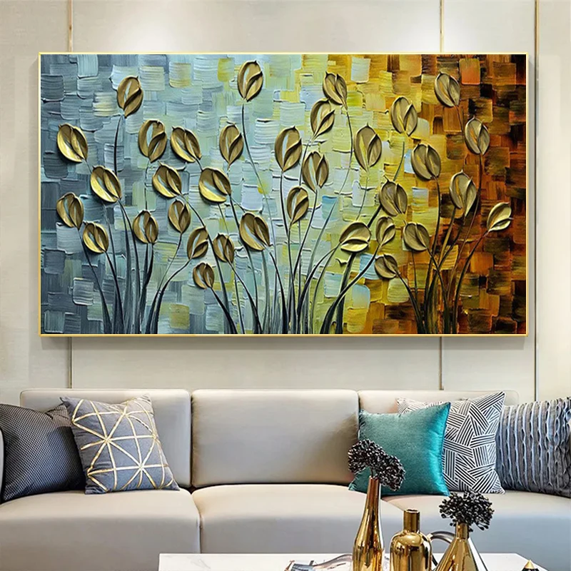 Настенная картина маслом на холсте с изображением листьев и цветов Настенная картина маслом на холсте с изображением листьев и цветов