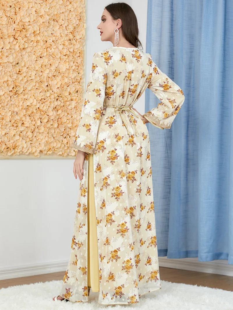 Eid Muslim Women 2 Piece Abaya Dress Set Dubai Ramadan Morocco Party Dresses Belted Kaftan Vestidos V-neck Maxi Prayer Abayas