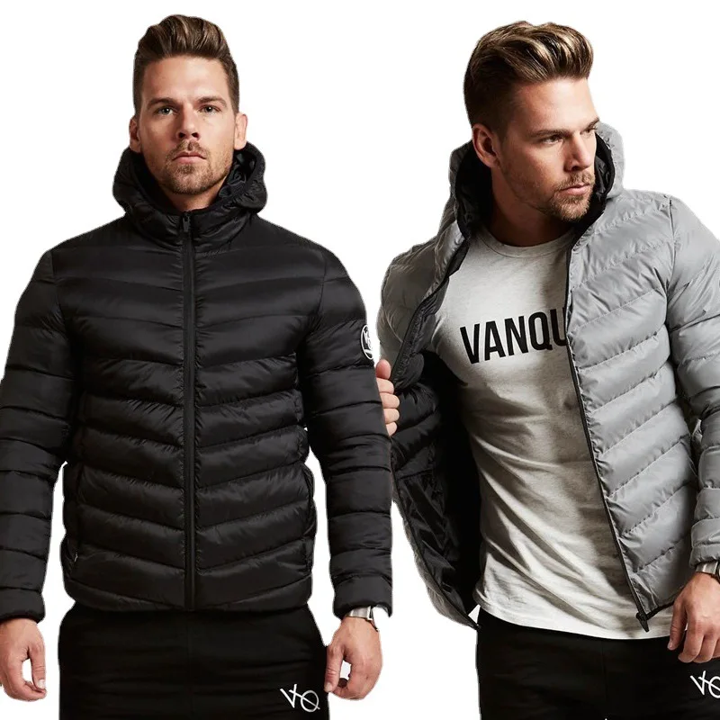 

Cross-border European and American winter men's warm cotton-padded jacket clothes sports fitness hooded jacket zipper short coat
