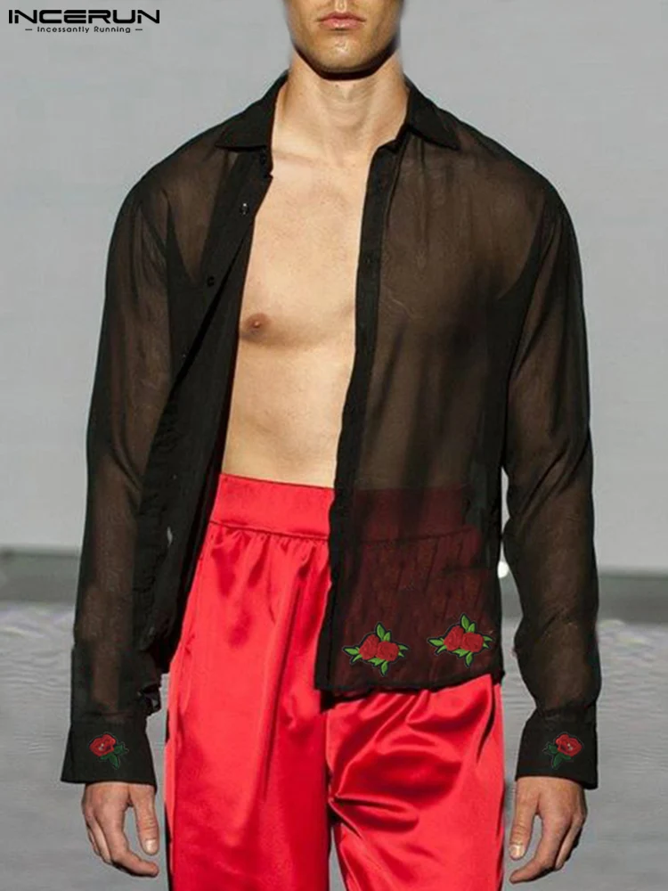 

Блузка INCERUN мужская с длинным рукавом, пикантная Модная рубашка на пуговицах, прозрачная легсветильник Повседневная Уличная одежда, 2022