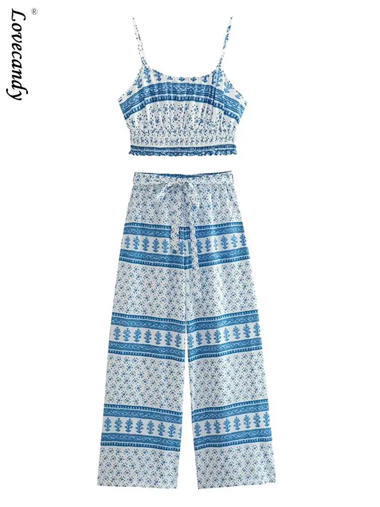 

Летний женский костюм из брюк с принтом, сексуальный короткий топ с открытой спиной и брюки с высокой талией, Женский Повседневный праздничный пляжный костюм