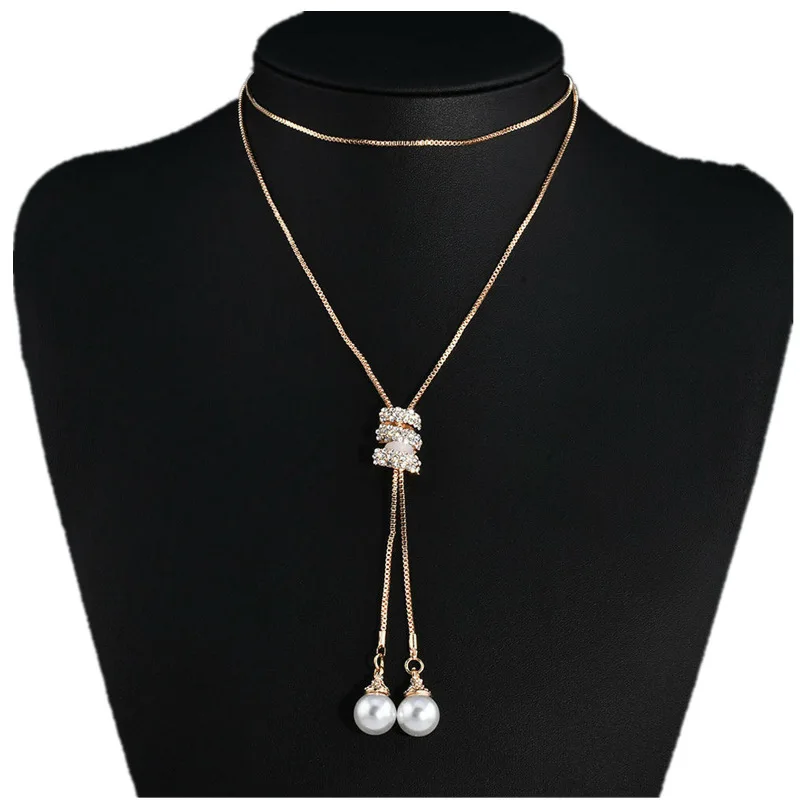 

OE New Fashion Metal Long Tassel Rhinestone Long Chain Crystal Pearl Sweater Necklace Party Jewelry Accessories