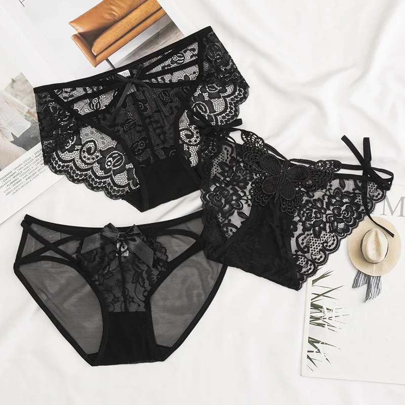

Black Sexy Women Panties Underwear Transparent Lingerie Hollow Out Girl See Through Panti Net Yarn Lace Underpants