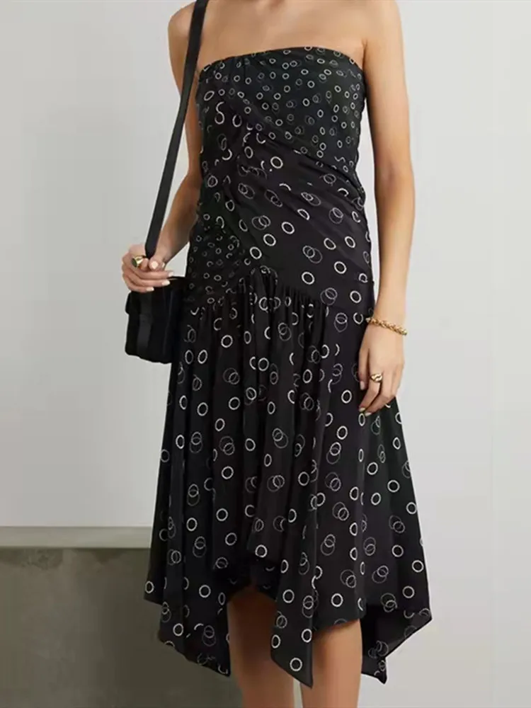 

Dot Black Folds Asymmetrical Long Sling Dress for Women 2022 New Spaghetti Strap High Waist Female Sexy Strapless Midi Robe