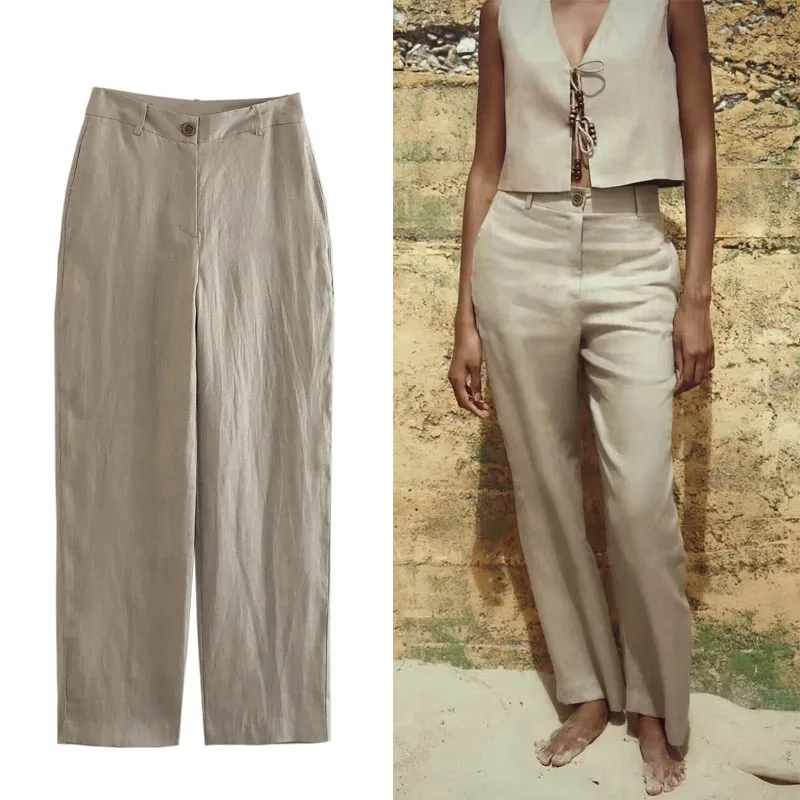 

TRAF Womes Pants 2 Pieces Sets Linen Wide Leg Pants Vintage High Waist Elastic Straight Leg Long Trouser+Linen Vest Tops Set