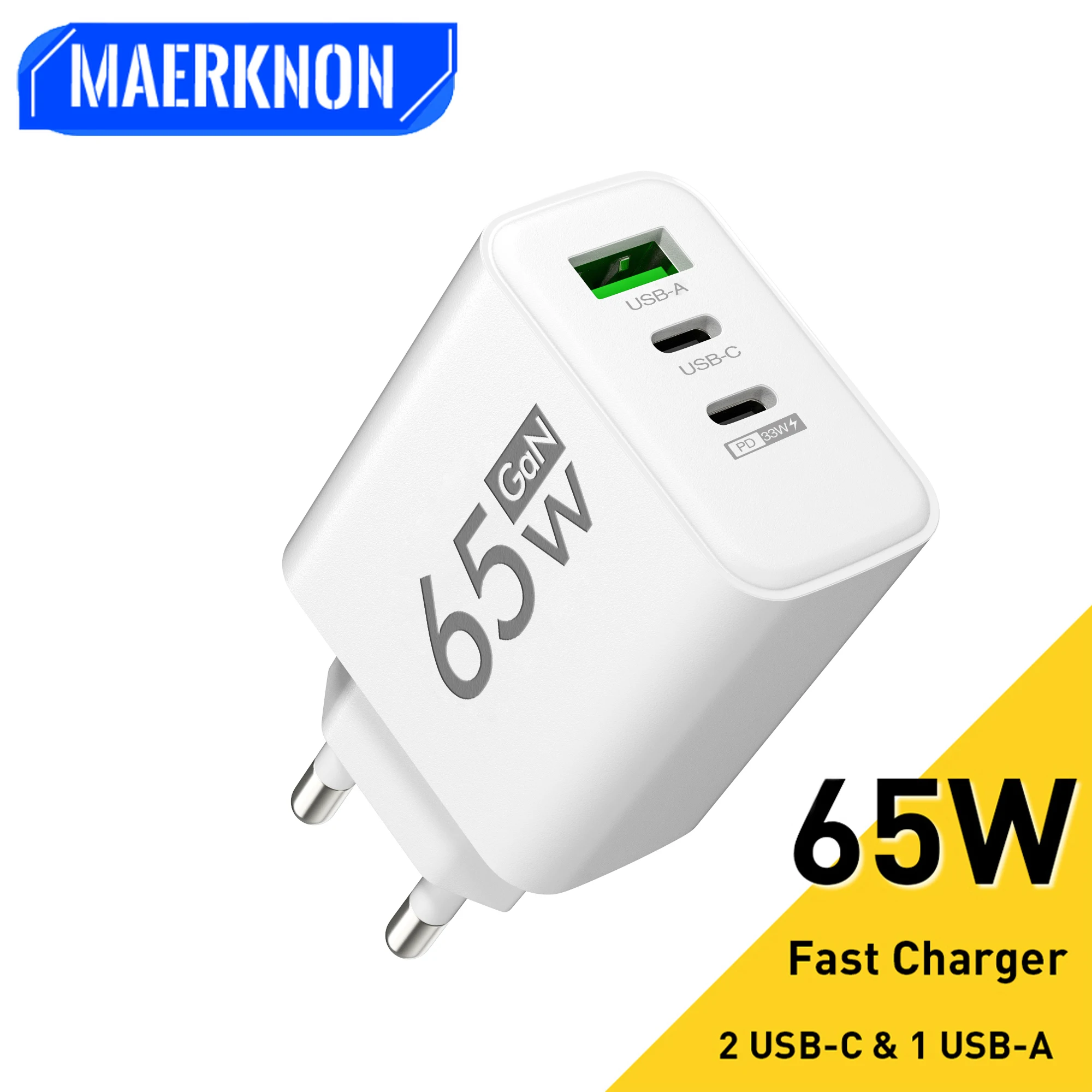 

GaN USB C Charger 65W Fast Charging Charger 3Ports Type C Mobile Phone Charger PD Power Adapter for Samsung Xiaomi iPhone QC3.0