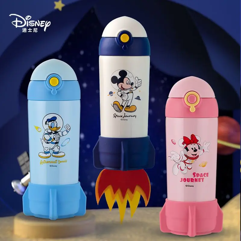 

400ML Disney Thermos Bottle with Straw Rocket Shape Donald Duck Baby Thermos Bottle with Straps Covers Mickey Minne Waterbottle