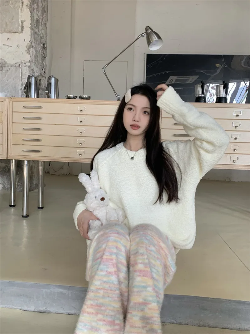 Pphome Milk Huhu Мягкий клейкий свободный свитер для женщин на осень и зиму Радужные