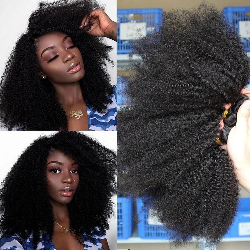 Mongolian Afro Kinky Curly Hair Bundles Natural Human Raw Hair Bundles With Closure 4B 4C Extension Weave Virgin Hair For Black