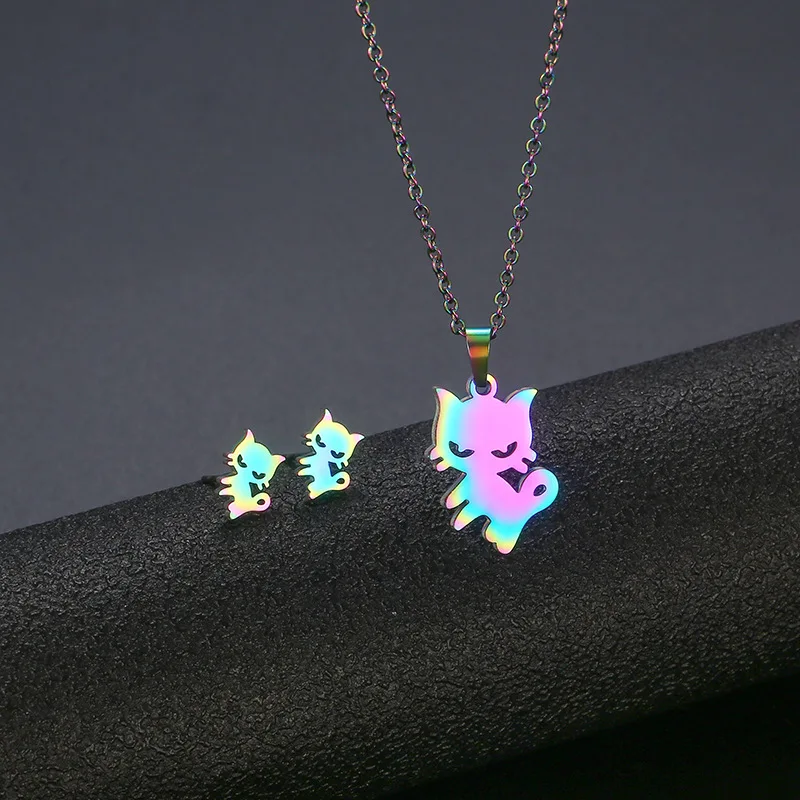 

Stainless Steel Colorful Cat Animal Pendant Chain Necklace Stud Earring for Women Party Birthday Fashion Jewelry Set Gift