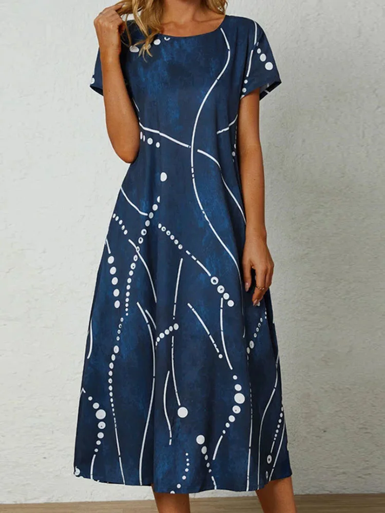 

Women Summer Dress Casual Elegant Vintage Short Sleeve Floral Print Party Long Dresses With Pocket